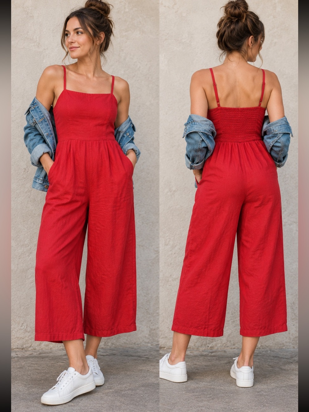 Red Linen Blend Wide Leg Cropped Jumpsuit Old Navy Small Smocked Back Pockets